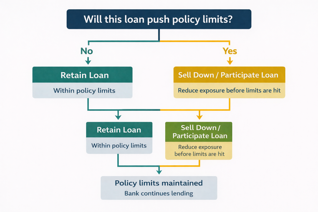 Decision tree for managing lending limits with participations or syndication.