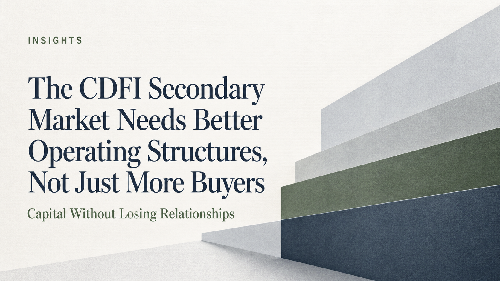 Abstract editorial cover about the CDFI secondary market and relationship lending
